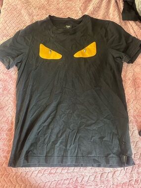 Fendi Black Short-Sleeve Tee with Yellow Eye Appliqués